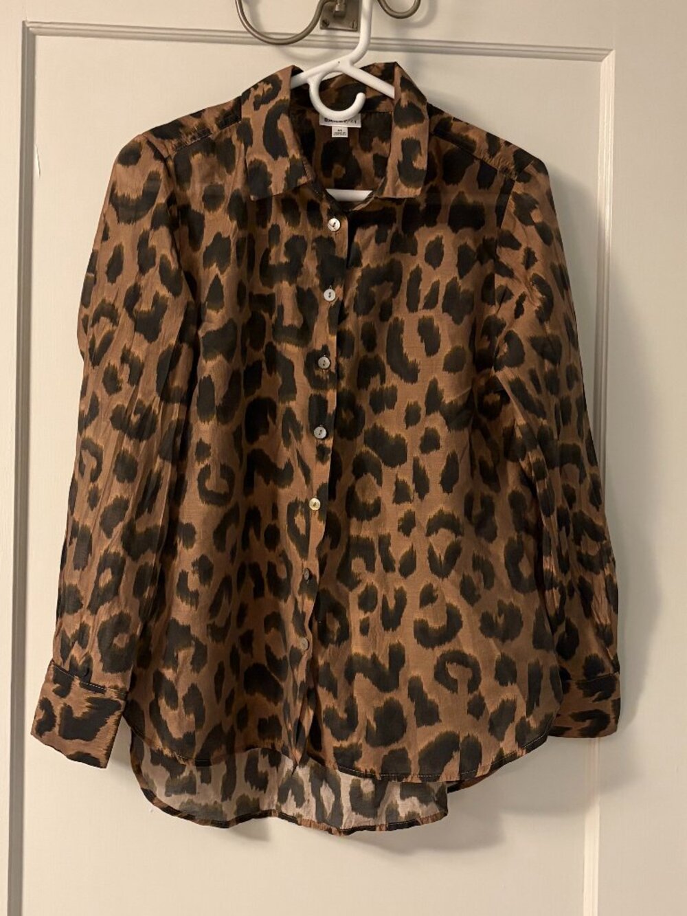 Bailey 44 sheer cheetah print button up shirt blouse size medium animal print